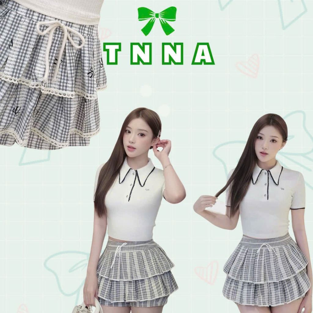Tna_ชุดเสื้อยืดคอเต่าลูกไม้+กระโปรงกางเกงลายสก๊อตชั้นน่ารัก