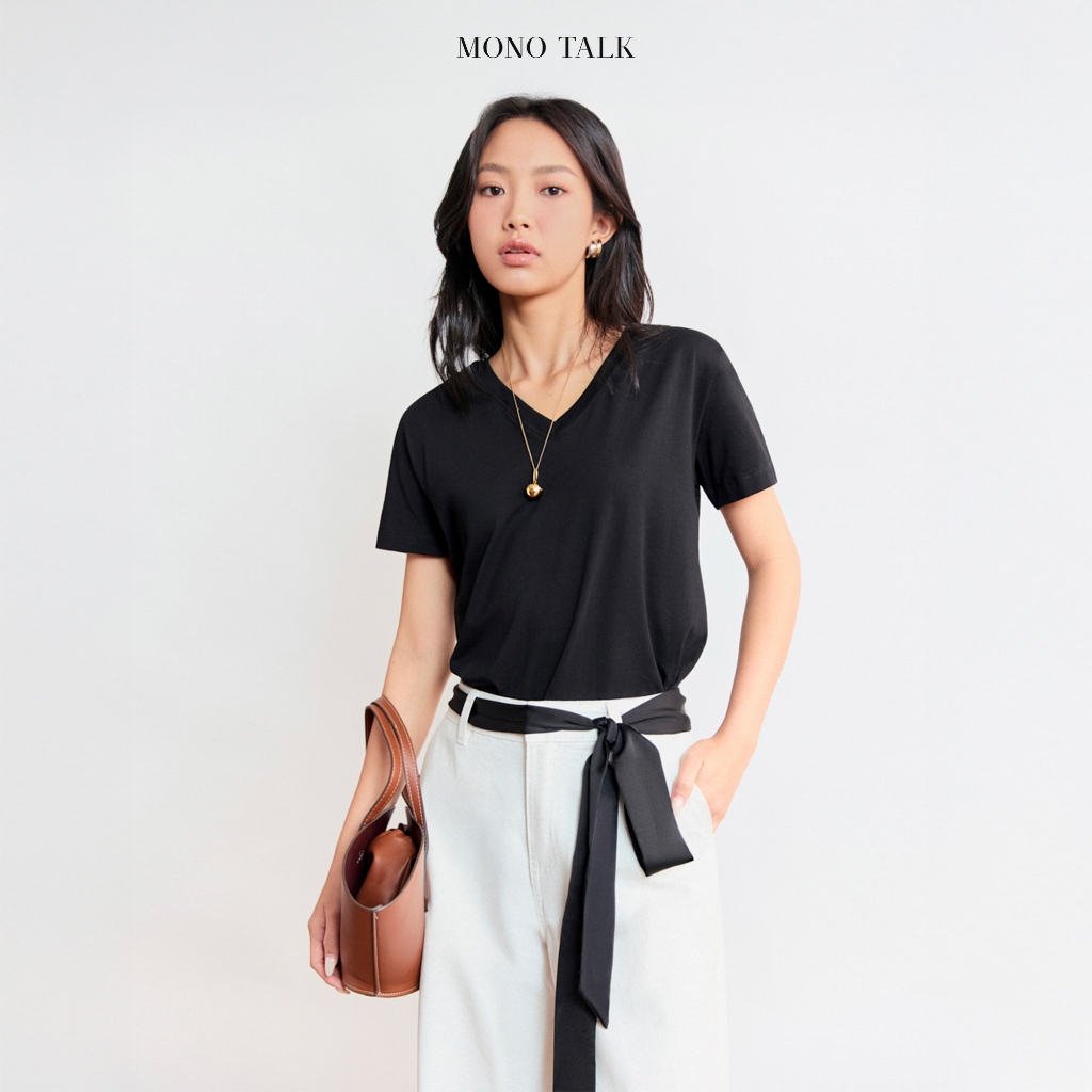 MONO TALK เสื้อยืดคอเต่าแขนสั้น ทรงปล่อย ผ้าฝ้ายยืด 4 ทิศทาง T60002FT