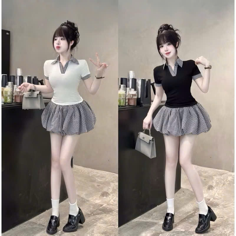 เสื้อคอเต่า kate ชุดจับจีบสั้น cv เสื้อยืด cv kate พร้อมกางเกงซับใน L480 LYA