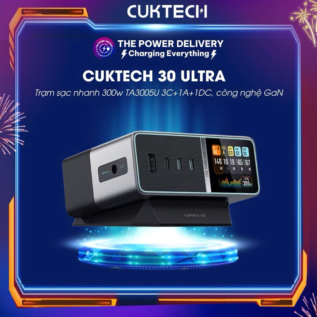 สถานีชาร์จเร็ว Cuktech 30 Ultra 300w TA3005U 3C+1A+1DC เทคโนโลยี GaN หน้าจอแสดงผลละเอียด