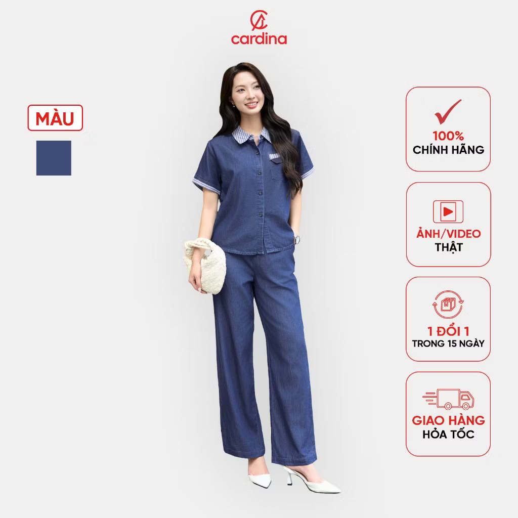 5BJD01 CARDINA ชุดยีนส์ผู้หญิง เสื้อแขนกุดคอปกลายทาง ผ้ายีนส์หลวมอ่อนเยาว์ 5BJD01
