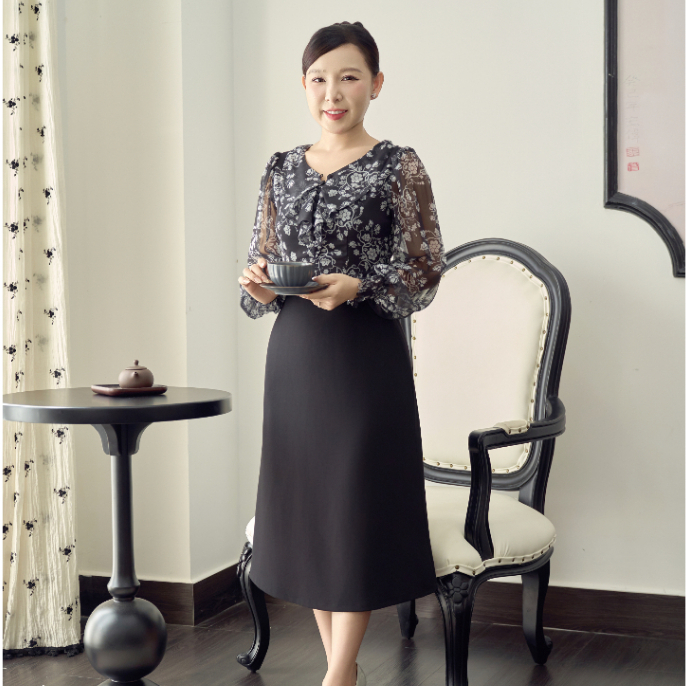 เดรส Form A - คอปกระบายแขนติดกระดุม - ดอกไม้ขาวดํา - TTV Store แฟชั่นผู้หญิง TTV1913