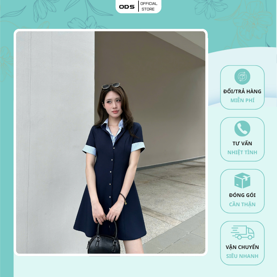 ODS เดรสสั้นขาบานสีน้ําเงินและสีดํา ดีไซน์คอปกเสื้อเทียมและลายทางสีน้ําเงินขาว แขนสั้นติดกระดุม - GP