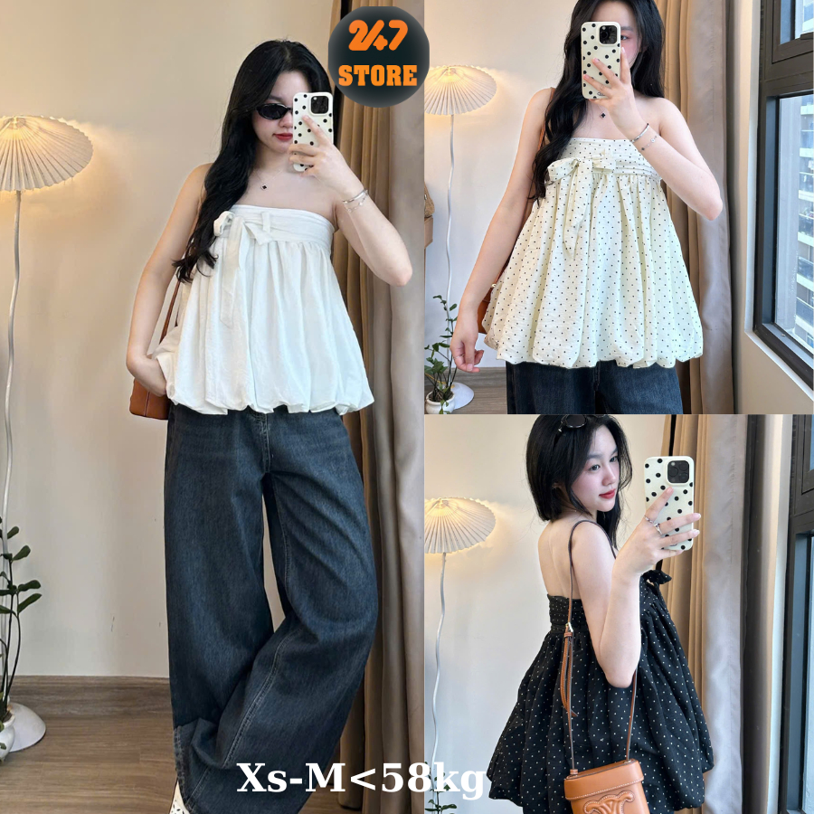 Basic SHOULDER TOP เสื้อเกาะอกทรงพอง ผูกโบว์ วัสดุหยาบเท่ๆ 247STORE 520_P7k5