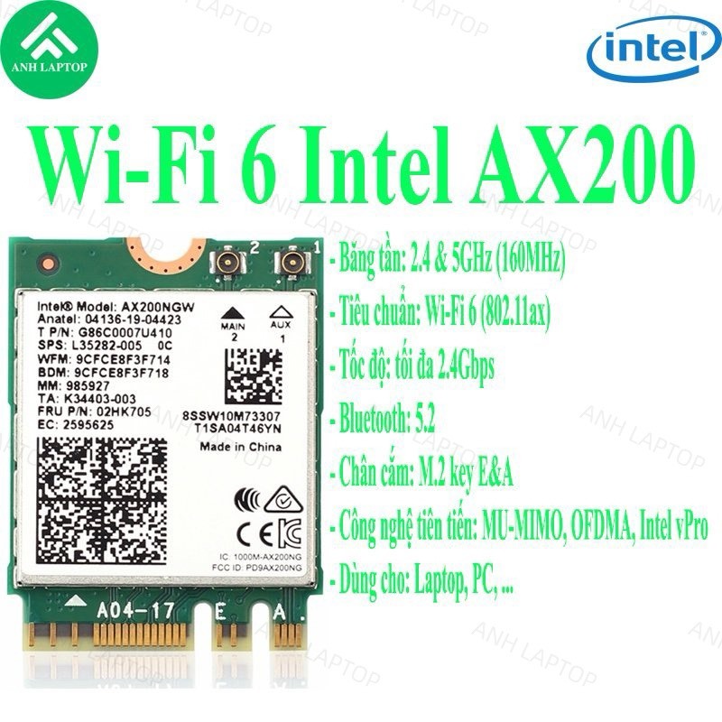 Intel AX200 wifi Card ติดตั้งสําหรับแล็ปท็อป PCs... 2 สาย ความเร็ว 2.4Gbps บลูทูธ 5.3