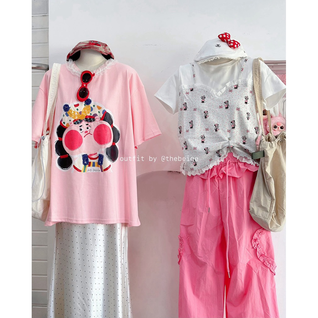 HUI HUI Newtag เสื้อยืดลูกปัดสีชมพู