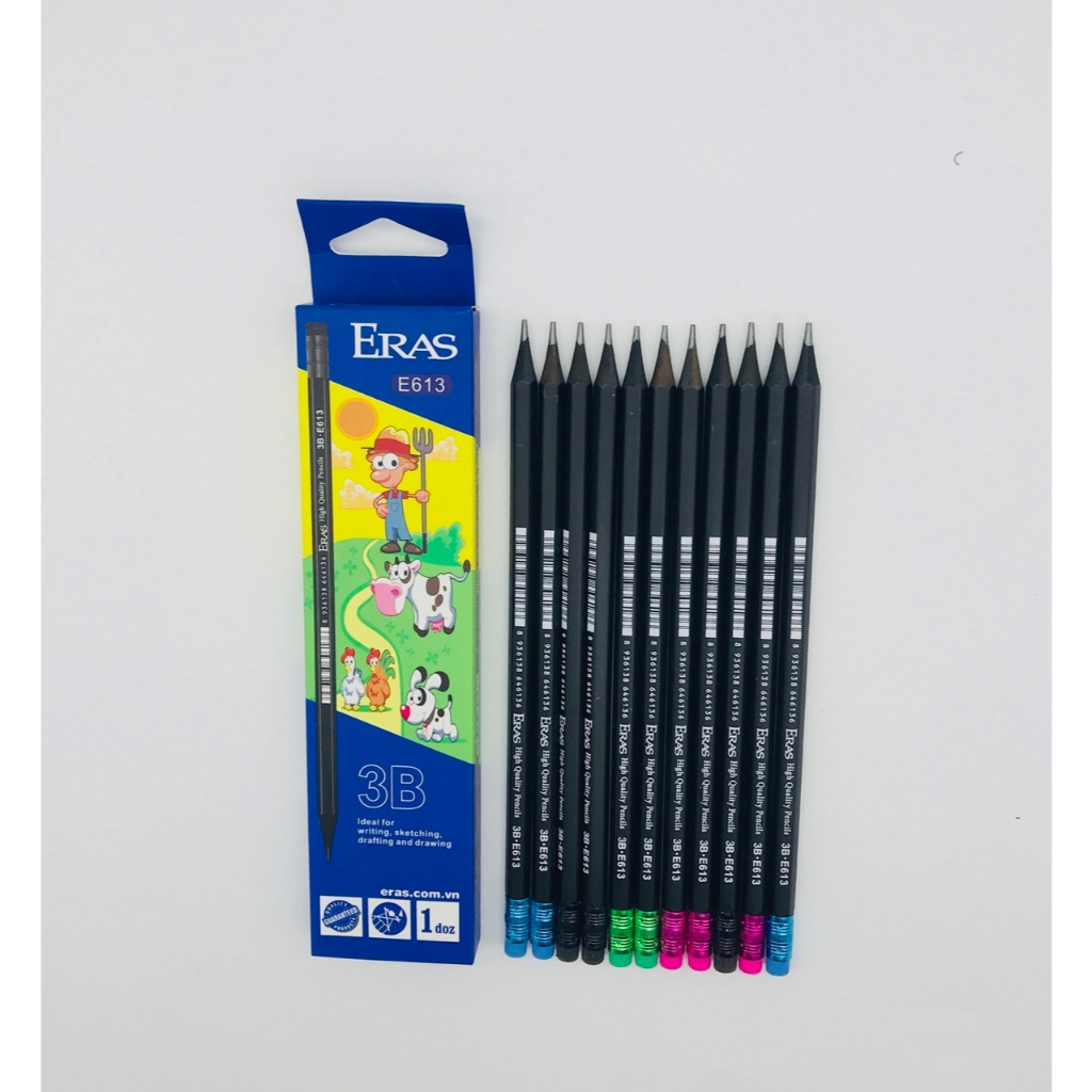 [ERASVN] ดินสอไม้กล่อง 12 ชิ้นพร้อมยางลบ ERAS 3B/4B/5B/6B เส้นปากกาเรียบ, ปลายปากกาแน่น E613/E614/E6