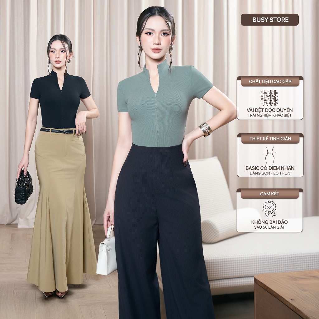 [BUSY] BUSHY เสื้อยืดแขนสั้นคอปกซิปผู้หญิงผ้าฝ้าย NT35T