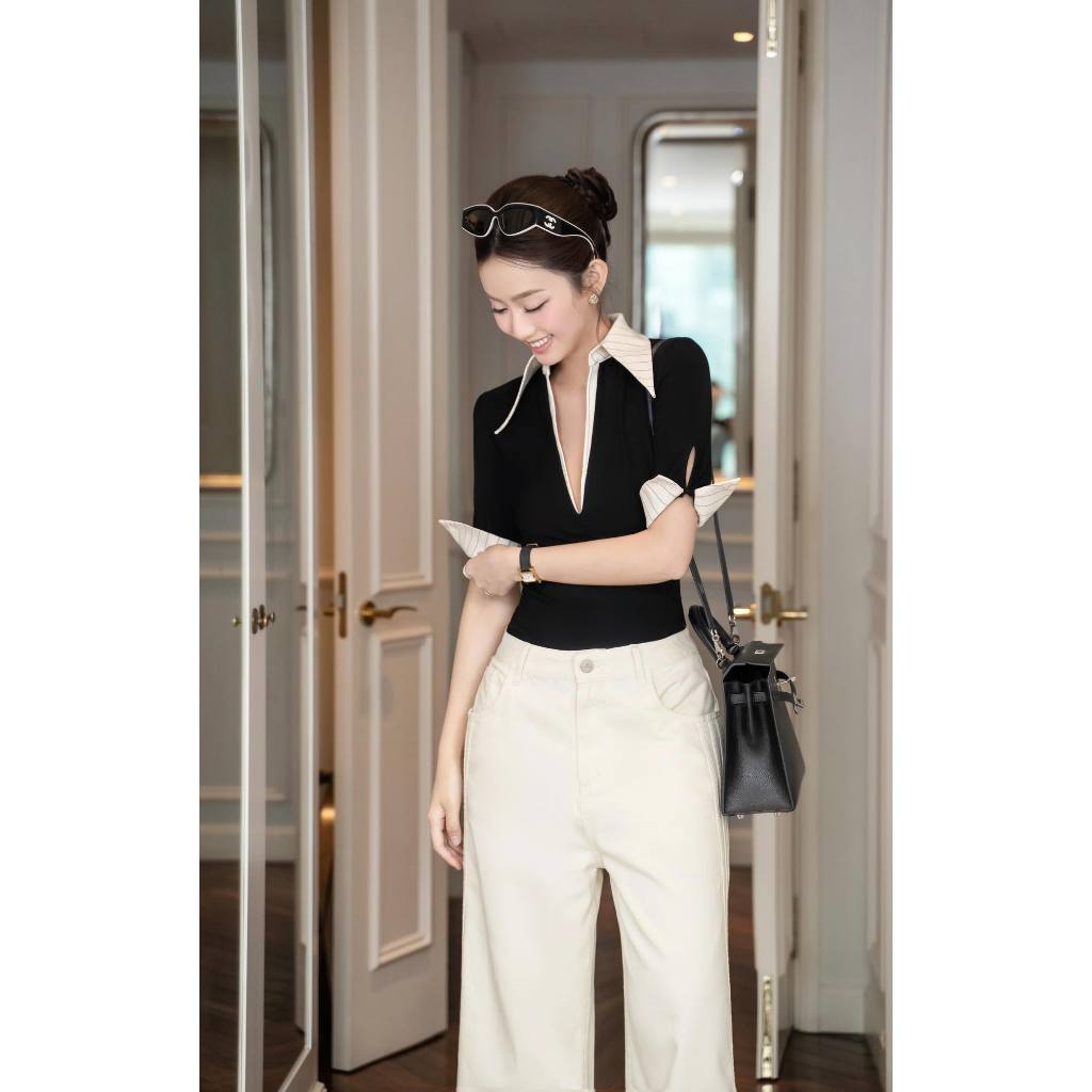 LYNCHIC-SET เสื้อเชิ้ตคอปกแขนยาวผสมสีดําผสมครีมสีขาวกางเกง KAKI DNC SEWED