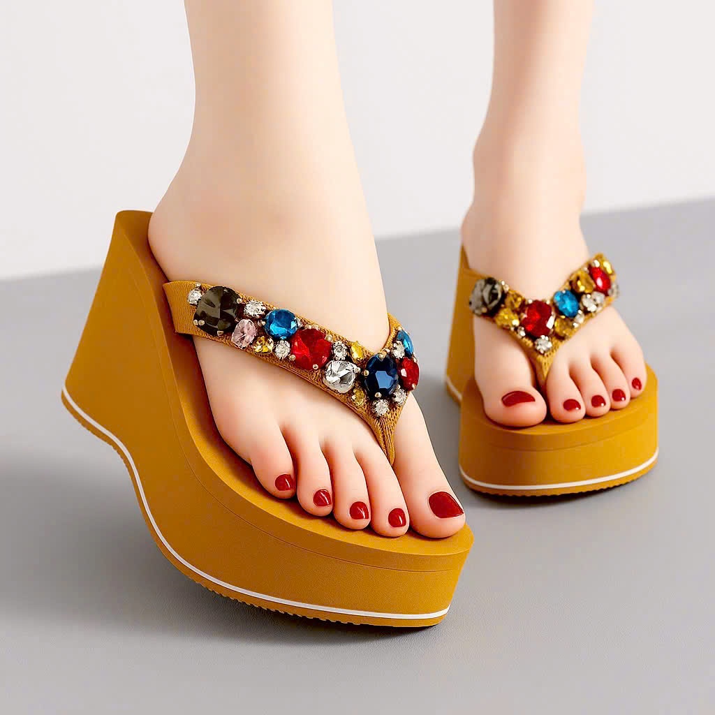 WAVE UMBRELLA SLIPPERS WITH MULTI-COLOR STONE SOLES 5F,7F,9F HIGH QUALITY, SUN รองเท้าแตะผู้หญิง
