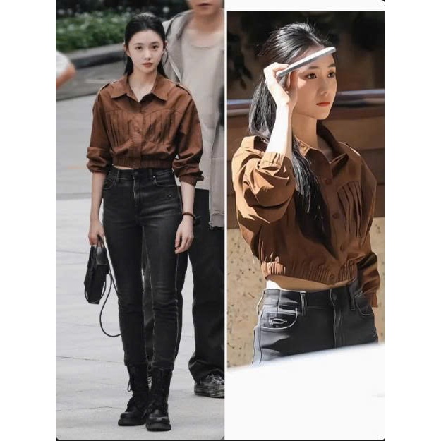 Liu Haocun Luu Hao Ton เสื้อเชิ้ตสีกาแฟเอวแน่น Seven Evil Things,Qigenxinjianmudai