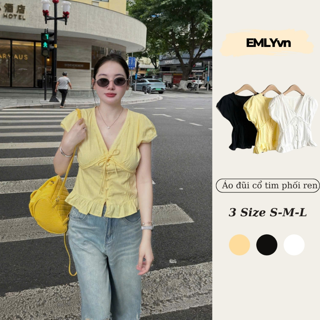EMLY - เสื้อเชิ้ตคอเต่าลูกไม้ Babydoll มีโบว์ เสื้อเชิ้ตผู้หญิงฤดูร้อนสไตล์เกาหลีสวย