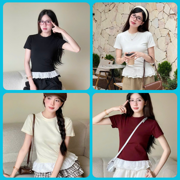 เสื้อยืดผู้หญิงทรงหลวมระบายลูกไม้แขนสั้น-ผ้าฝ้ายนุ่มใส่สวยมาก-สไตล์น่ารัก ดาออน