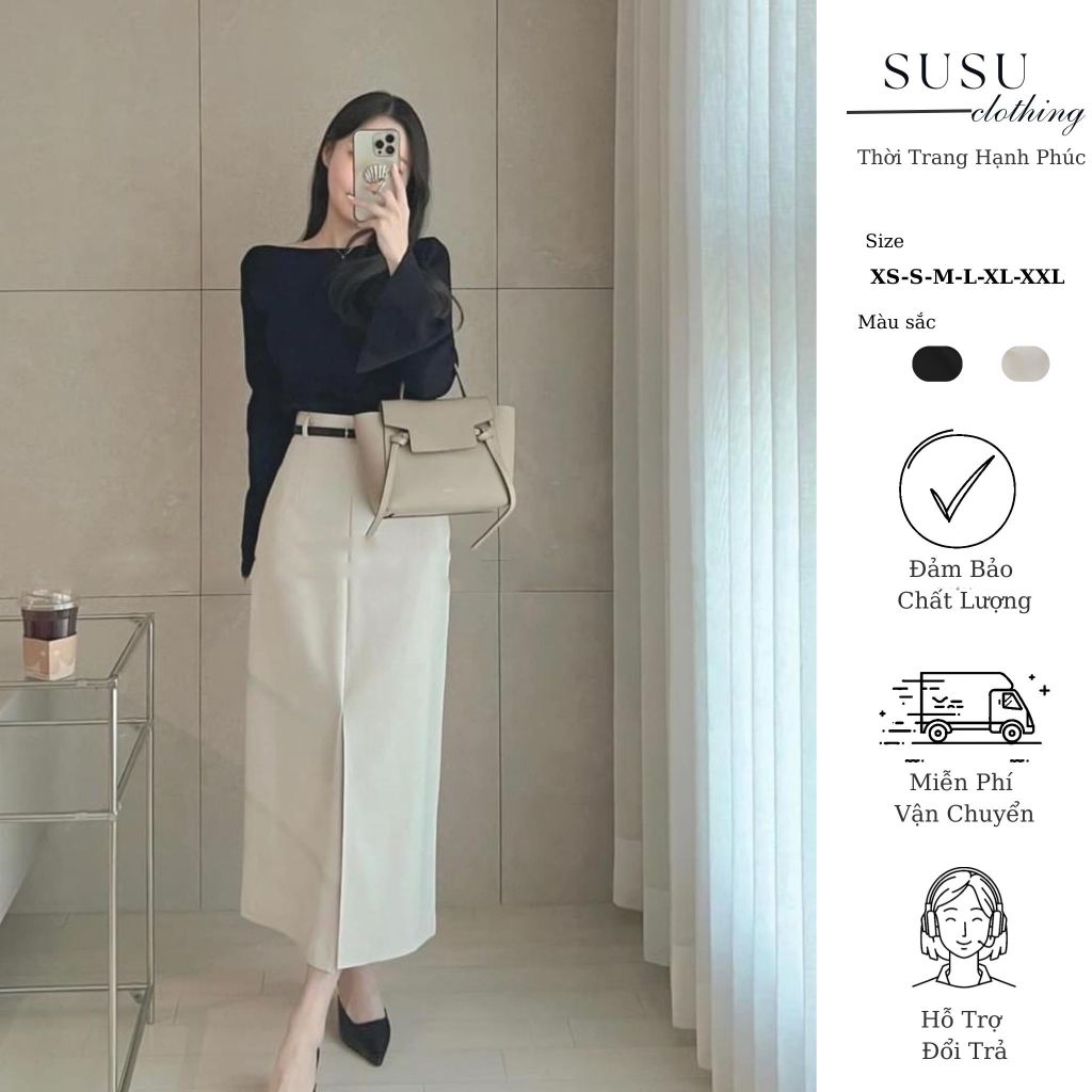 Susu clothing midi กระโปรงสํานักงาน 2 ชั้นตัวยาวมีซับในด้านใน กระเป๋า และเข็มขัดหนัง cv1