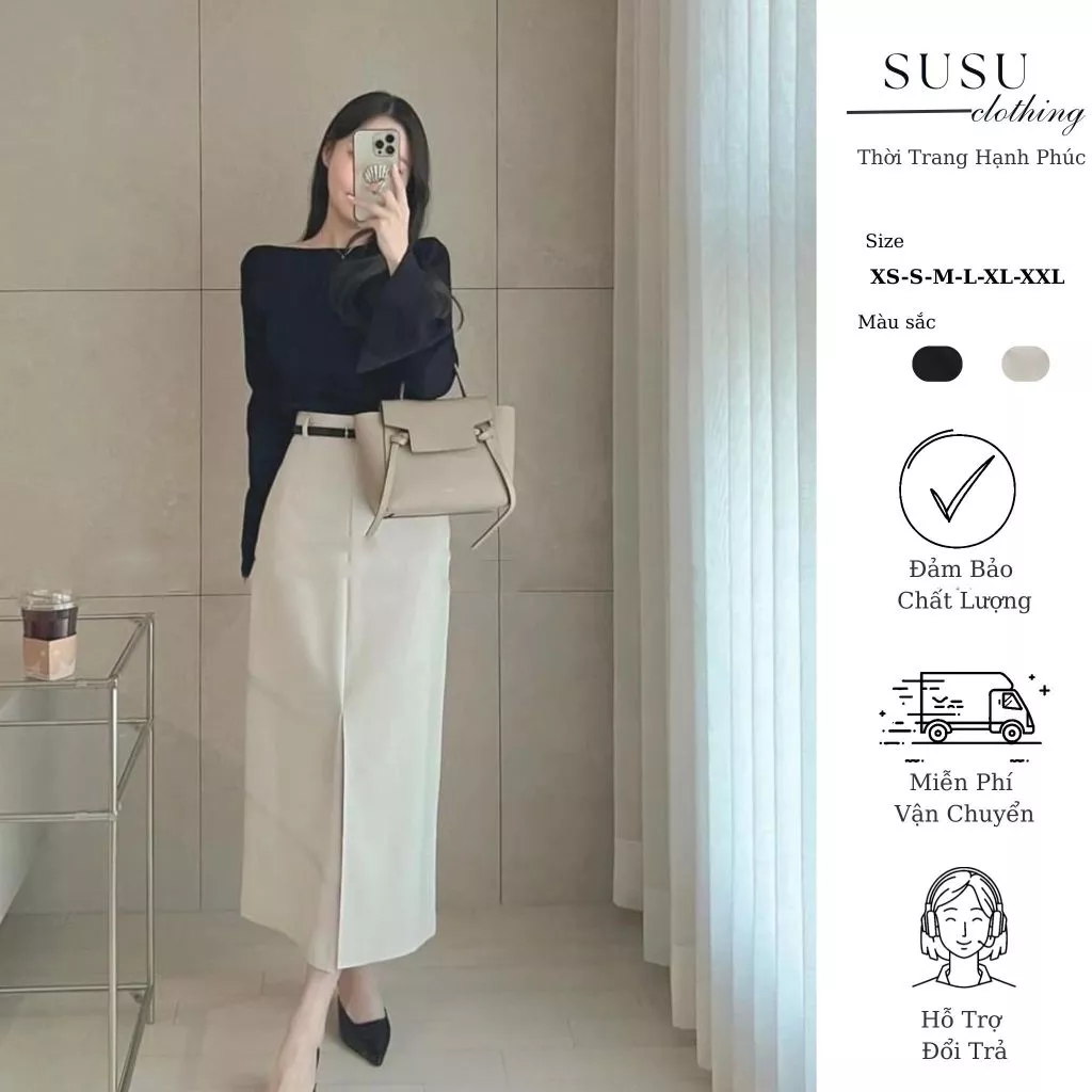 Susu clothing midi กระโปรงสํานักงาน 2 ชั้นตัวยาวมีซับในด้านใน กระเป๋า และเข็มขัดหนัง cv1