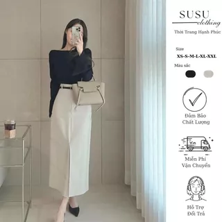 Susu clothing midi กระโปรงสํานักงาน 2 ชั้นตัวยาวมีซับในด้านใน กระเป๋า และเข็มขัดหนัง cv1