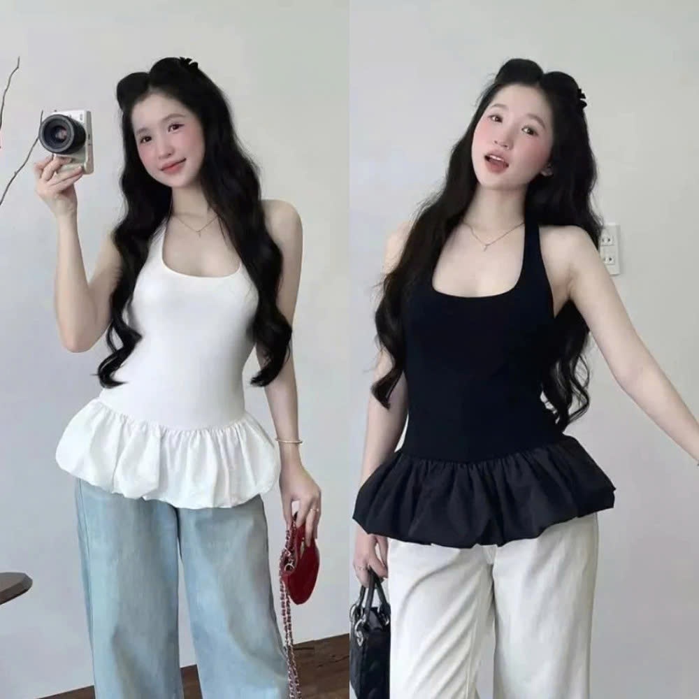 BUN222 เสื้อเชิ้ตคอปกบานลายดอกไม้ เสื้อกล้าม Peplum ใต้วงแขนพอง