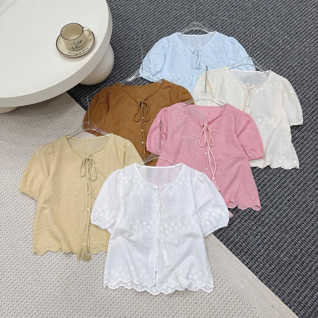 เสื้อเชิ้ตทรงหยาบเลดี้มากด้วยลูกไม้ แขนพองและผูกคอ qc A540