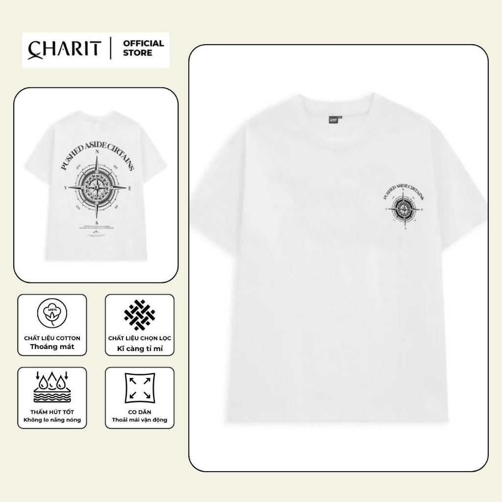 เสื้อยืด Unisex สําหรับผู้ชายและผู้หญิง พิมพ์ลาย COMPASS ผ้าคอตตอน 100% - BOONE - BNE00301