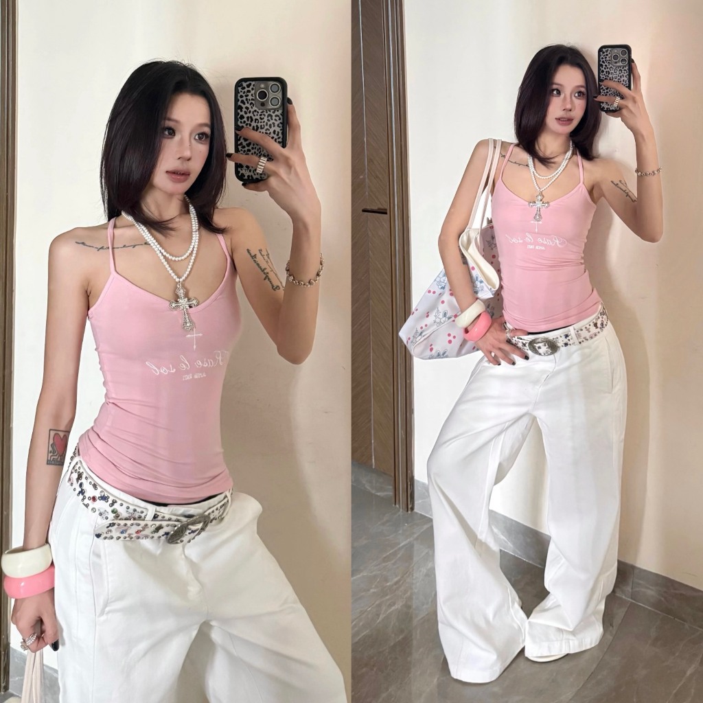 (AVAILABLE) เสื้อเชิ้ตสองชิ้นคอปกไขว้ด้านหลัง สีชมพูพาสเทล และ สีขาว ลายตัวอักษร ทรงเข้ารูป AHD004 -