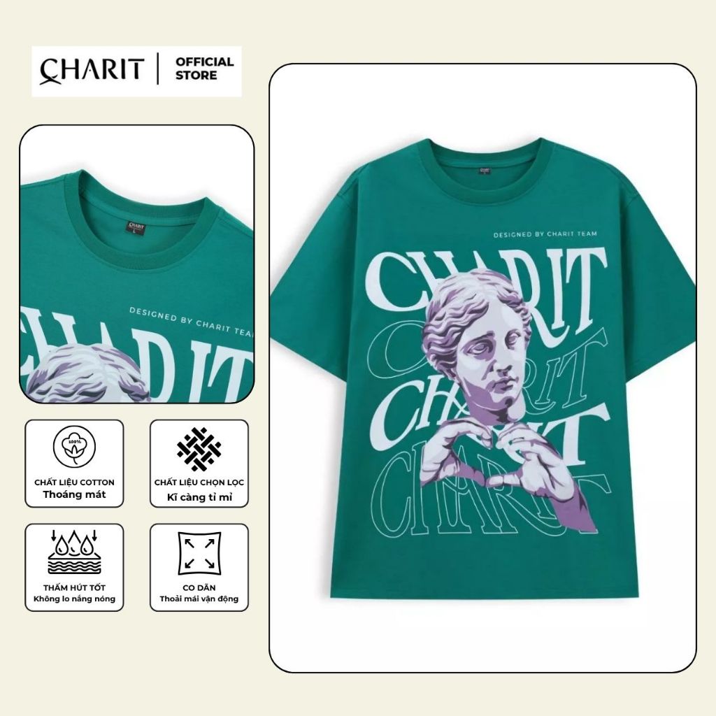 เสื้อยืด Unisex สําหรับผู้ชายและผู้หญิงพิมพ์ลาย CHARIT STATUE DROP HEART ผ้าคอตตอน 100% - BOONE - BN