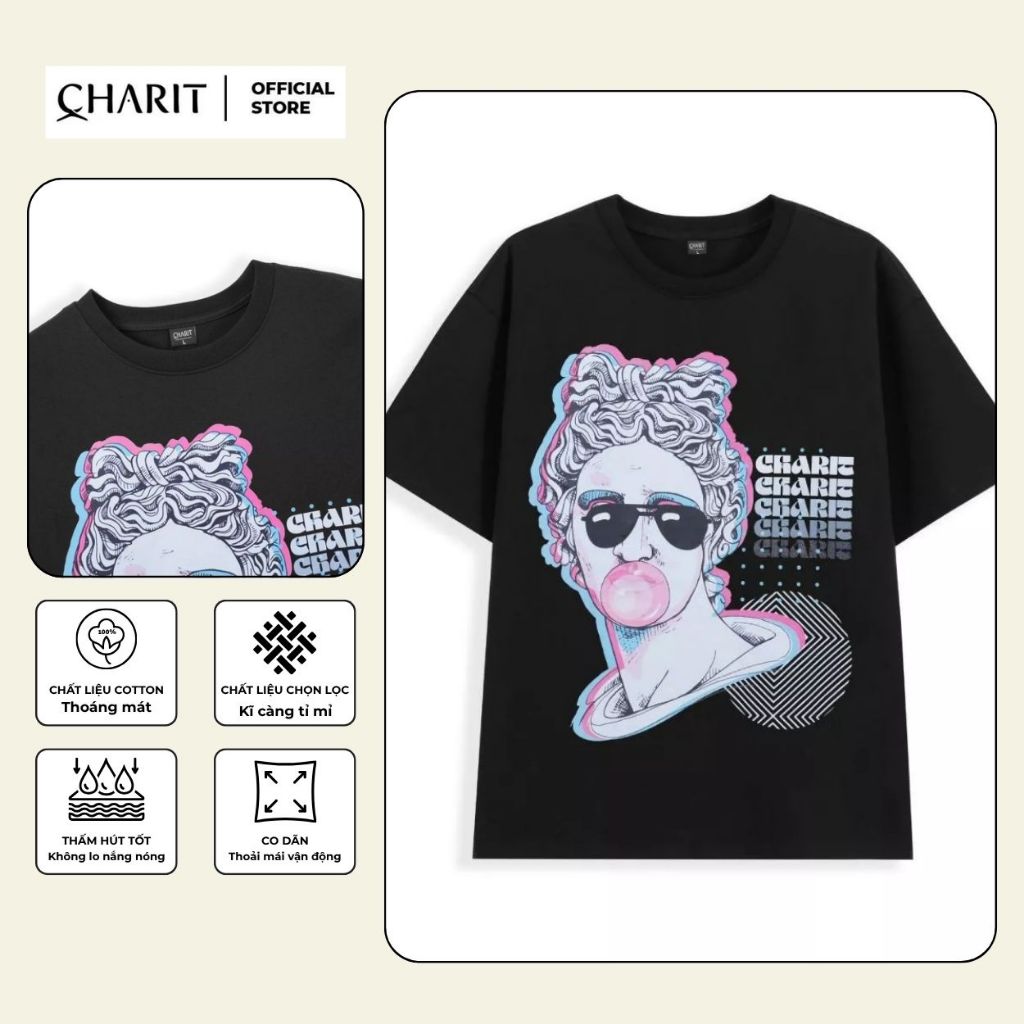 เสื้อยืด Unisex สําหรับผู้ชายและผู้หญิงพิมพ์ลาย CHARIT ART STATUE ผ้าคอตตอน 100% - BOONE - BNE00302