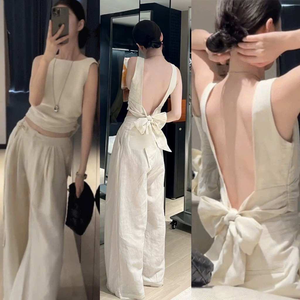 เซ็ตเสื้อลินินครอปเอวโบว์กับกางเกงหลวม HT451 พร้อมรูปสินค้าจริง