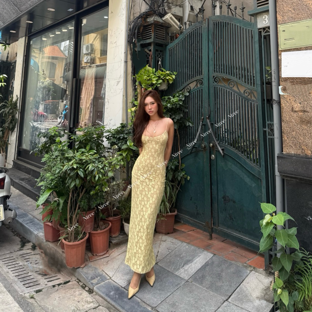 เดรสทูโทนผ้าลูกไม้สีเหลือง มีซับในซิป