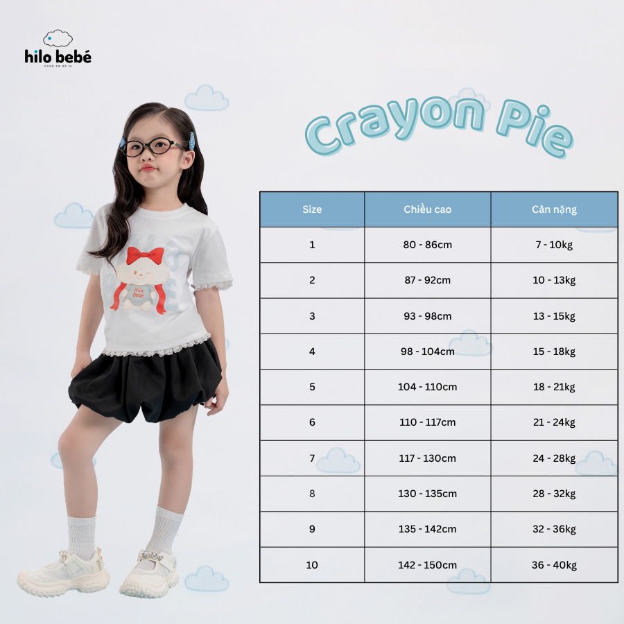 [HILO BEBÉ] - PUFFY CLOUDS Collection - ชุดเสื้อยืดลูกไม้พิมพ์ลายเมฆน่ารักและกระโปรงฟักทองสีดํา CRAY