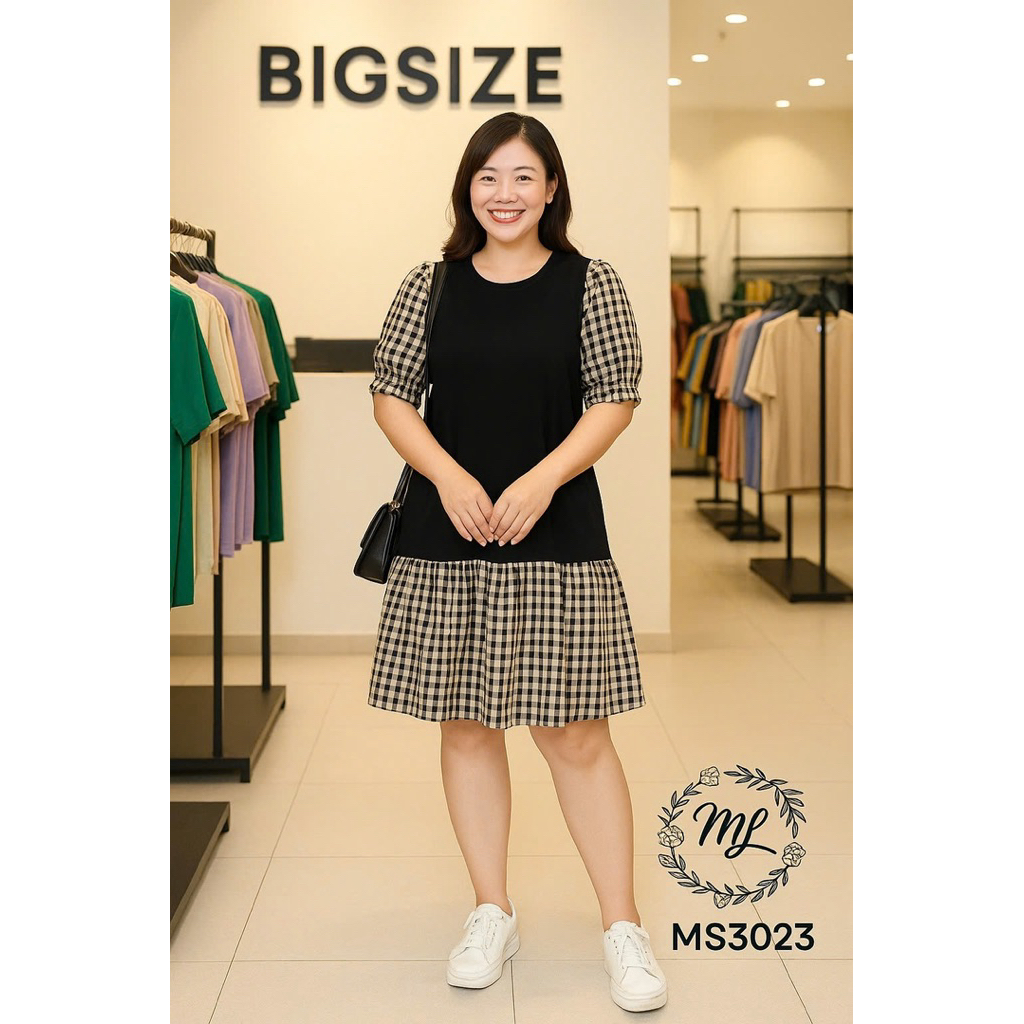 BIGSIZE STRAIGHT FORM DRESS WITH CARO SLEEVES (MS 3023)