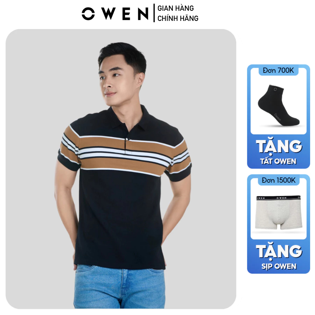 OWEN APV เสื้อยืดคอปกแขนสั้นผู้ชาย233176 แถบดํา ผ้าคอตตอน นิ่ม กระชับสัดส่วน