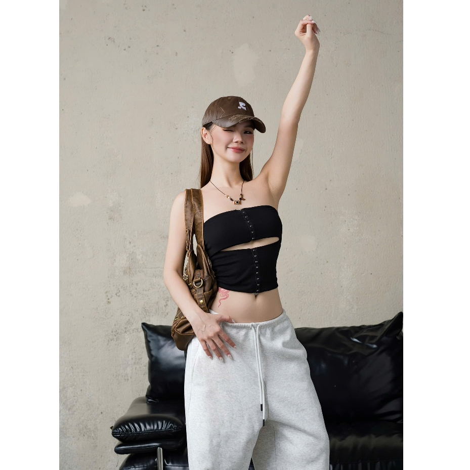 เสื้อยึดหน้าเกาะอกสีดําฮิปฮอปเซ็กซี่