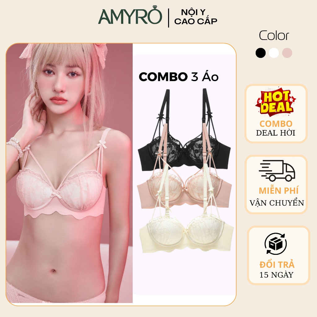 [Deal Shock] Combo of 3 Medium Foam Rimless Lace Bras – Set 3 ชิ้น Womens Bras with Soft Bows AMYRO 