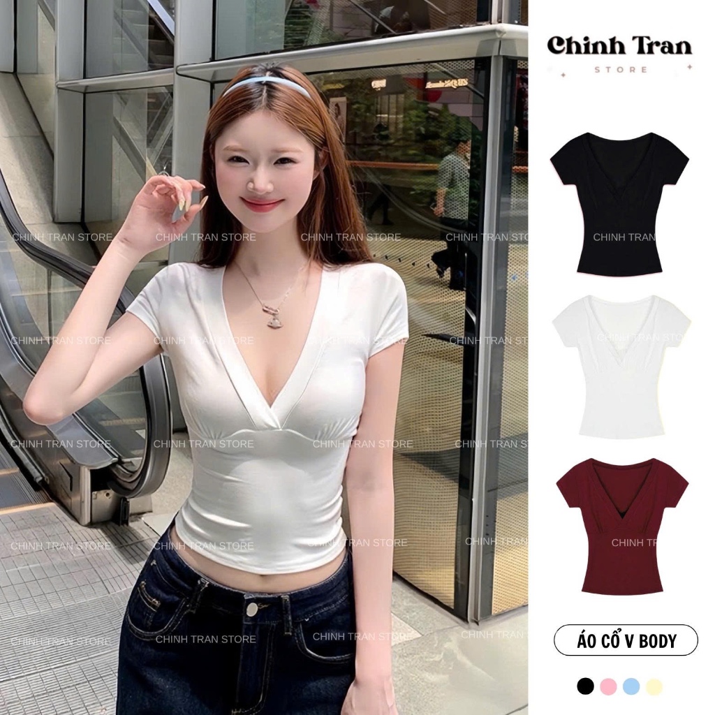 เสื้อยืดคอวีลึกผ้าฝ้ายยืดหลากสีสําหรับผู้หญิง - ร้าน Chinh Tran