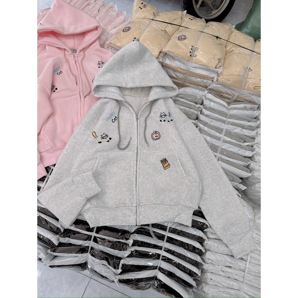 HOODIE สําหรับผู้ชายและผู้หญิงหมวกปักลาย HAPPY CAT APPLE