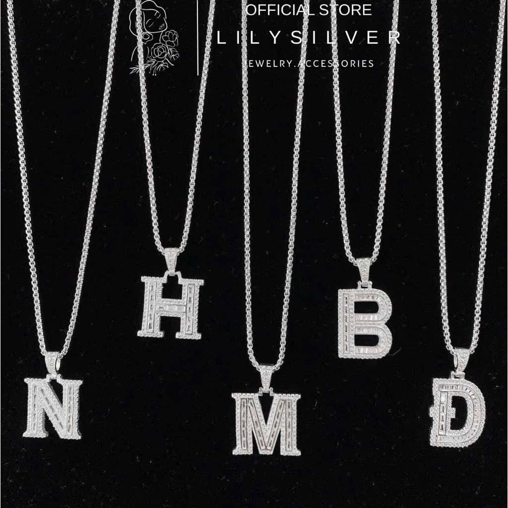 (ขายปลีก) สร้อยคอเงินผู้ชายและผู้หญิง Lily Silver สร้อยคอตัวอักษรหินแท้ - แถมกระเป๋ากล่อง+น้ํา sbac
