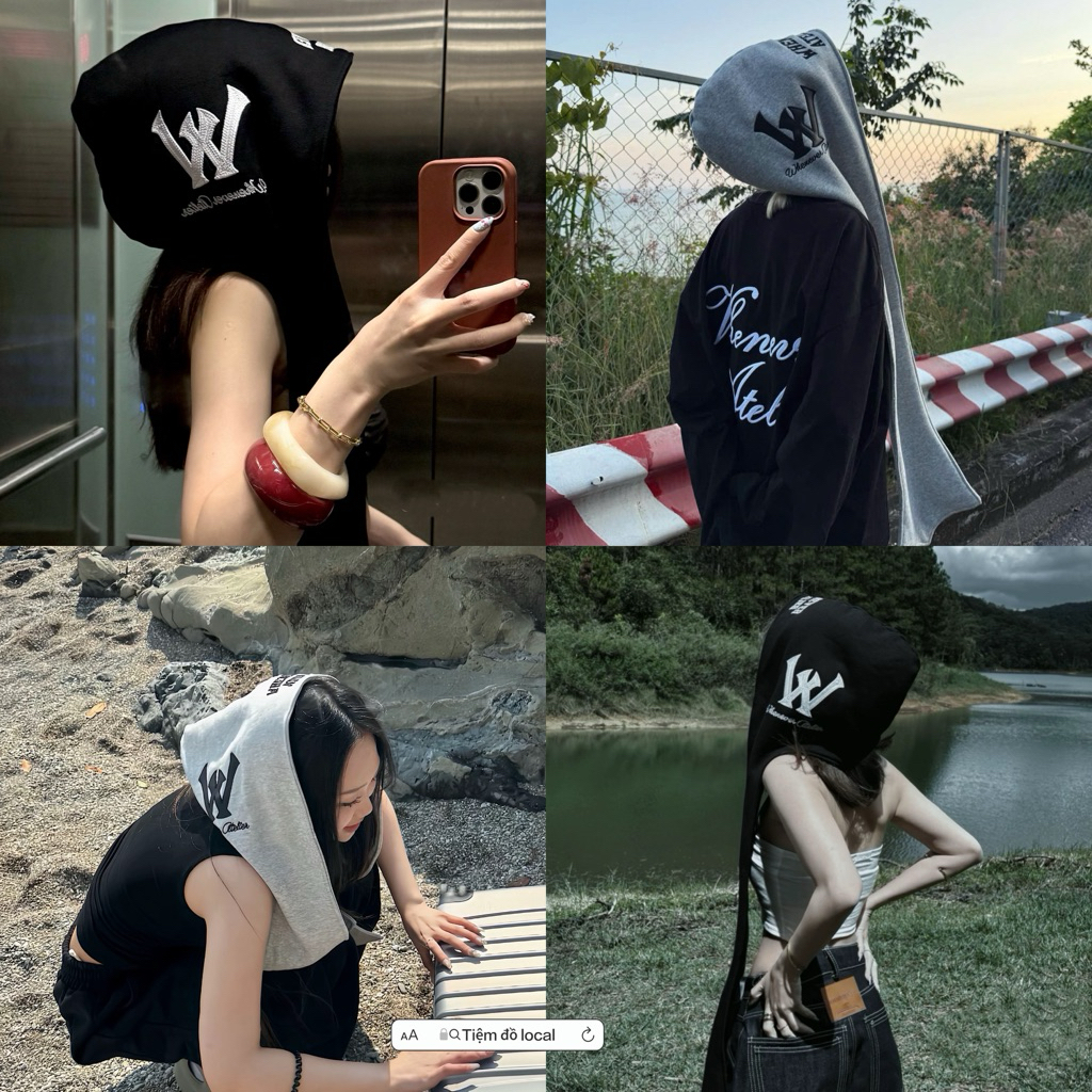 WHENEVER ATELIER PATCHWORK HOODIE SCARF Two-Color Black / Grey (ฟรีเมื่อกระเป๋า)