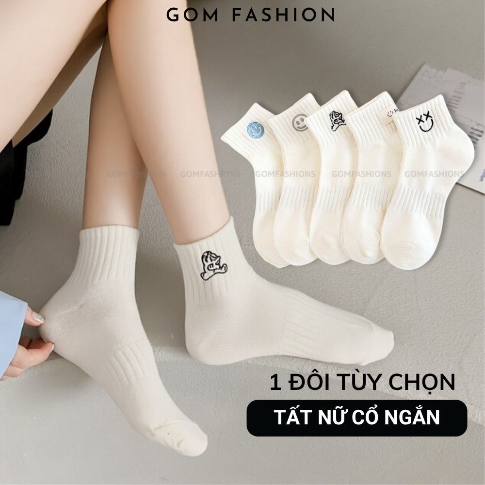 GOMTAT ถุงเท้าผู้หญิงคอสั้นสีขาวขั้นพื้นฐาน ถุงเท้าผ่ากลางลายน่ารัก วัสดุผ้าฝ้ายนุ่ม -NGANICON-PO-30