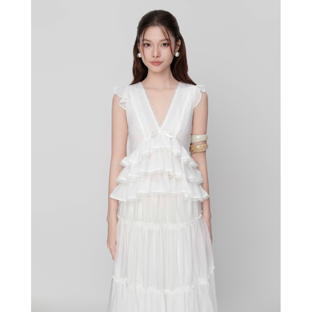 RUBIES Yeoni Top - เสื้อเชิ้ตผ้าชีฟองลูกไม้ผู้หญิง Peplum Layered Underarm V Neck