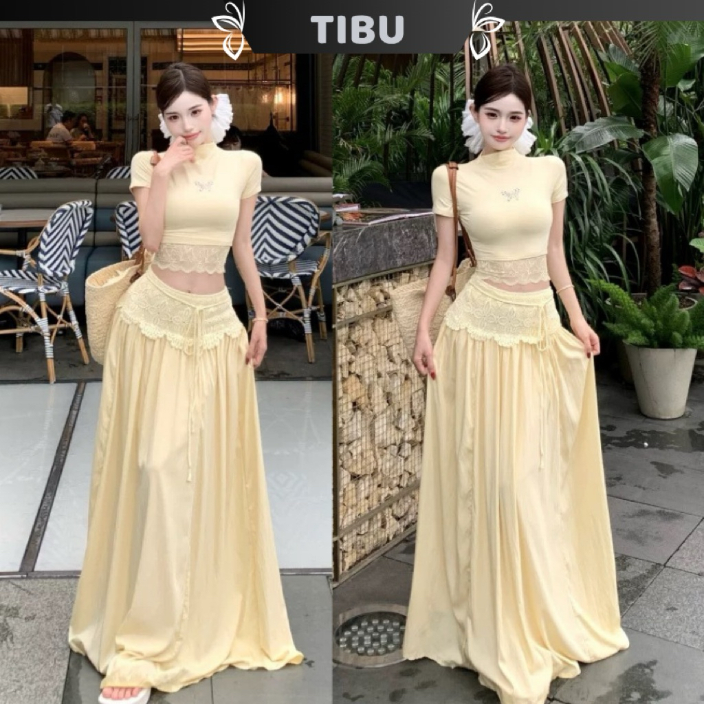 CROPTOP ชุดเสื้อลูกไม้ FLAWED SKIRT TIBU ชุดน่ารักผู้หญิง OUTFITS สําหรับ GOING TO THE BEACH B513