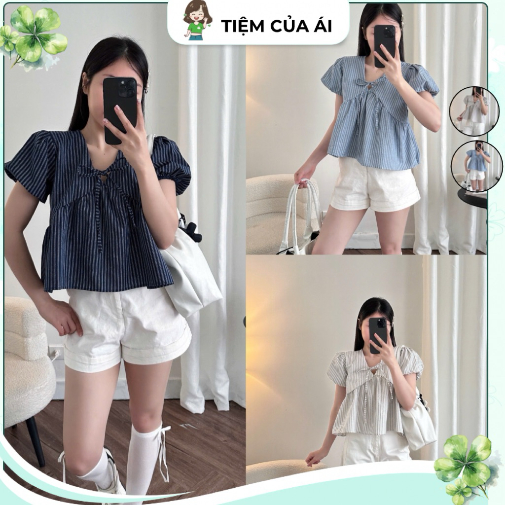เสื้อโบว์ผูกเชือกคอวี เบบี้ดอลล์ แขนบาน เสื้อผู้หญิงน่ารัก
