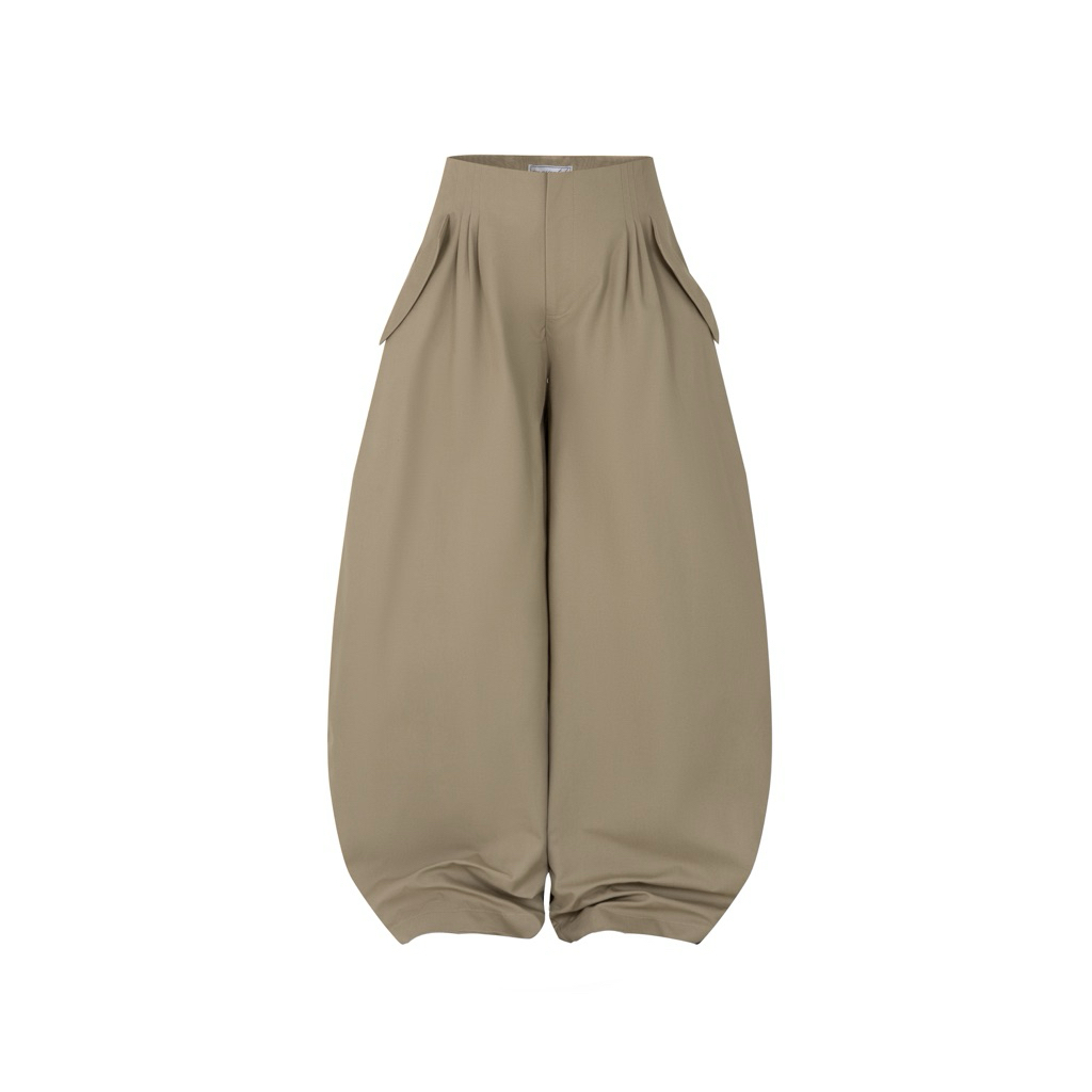 IUE STUDIO - กางเกงขากว้างเอวต่ําสีกากีสีเบจสีน้ําตาล - กางเกงครัวซองต์
