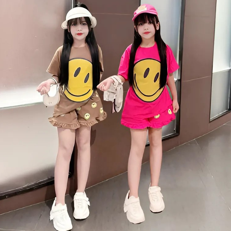 ชุดเซ็ทเด็กผู้หญิงเสื้อแขนกุดพิมพ์ลาย SMILE FACE น่ารัก ผ้าคอตตอนเนื้อนุ่มMS19