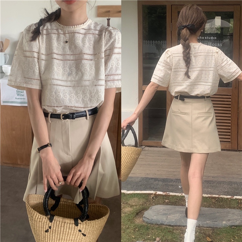 Seoul.studio - เสื้อเชิ้ตหยาบ babydoll ต้มลายลูกไม้ปัก คอกลม แขนพัฟ Wei Yi Studio QC ulzzang lady HQ