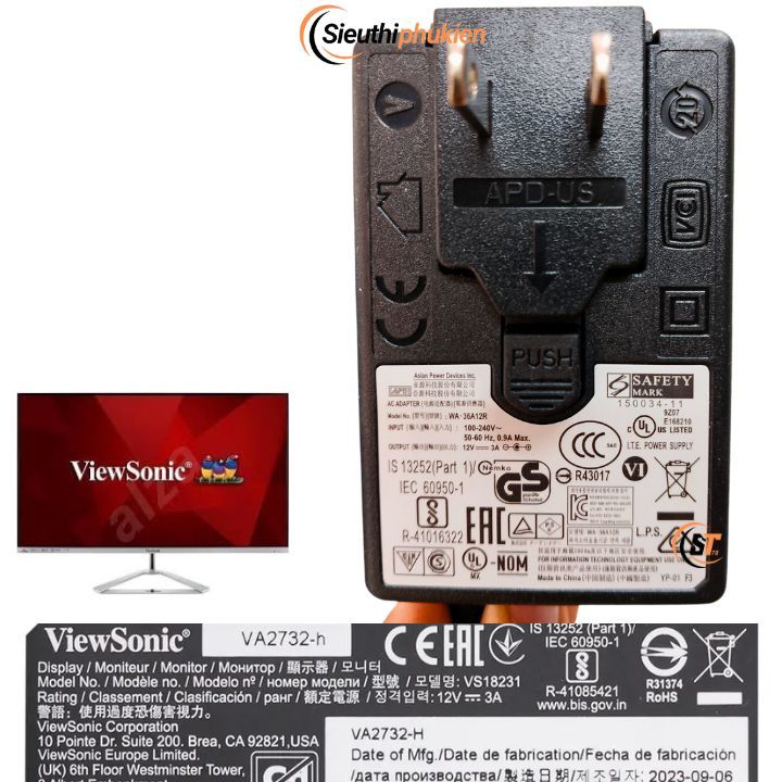 สายไฟแท้สําหรับ Viewsonic VA2732-H VA2732 12v 3a จอภาพ - 1 ปี