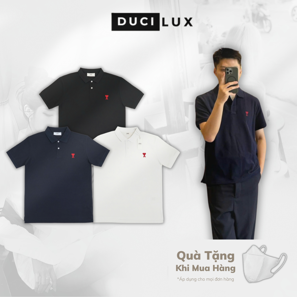 เสื้อโปโล Ami พร้อม Super Sharp QC ปักหัวใจ - เสื้อยืดคอปกเปิดลงของผู้ชายในผ้าฝ้ายจระเข้ป่านรูปแบบสบ