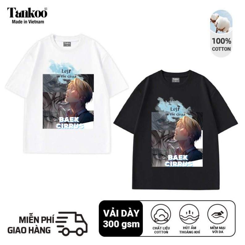 TANKOO เสื้อยืดผ้าฝ้ายยืดเท่ๆ - เสื้อยืดแขนสั้นคอกลมพิมพ์ลาย BAEK CIRRUS BL manhwa Lost in the Cloud