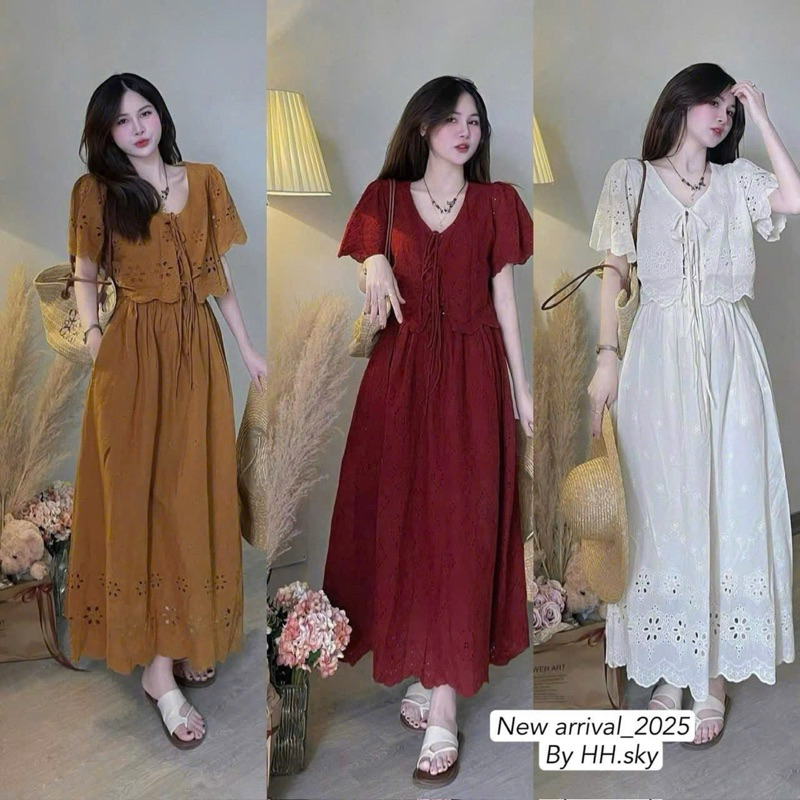 ล743- เดรสดีไซน์เนอร์เสื้อแขนสั้นคอปกผูกเชือกผสมกระโปรงบานผ้าลายดอกฉลุ