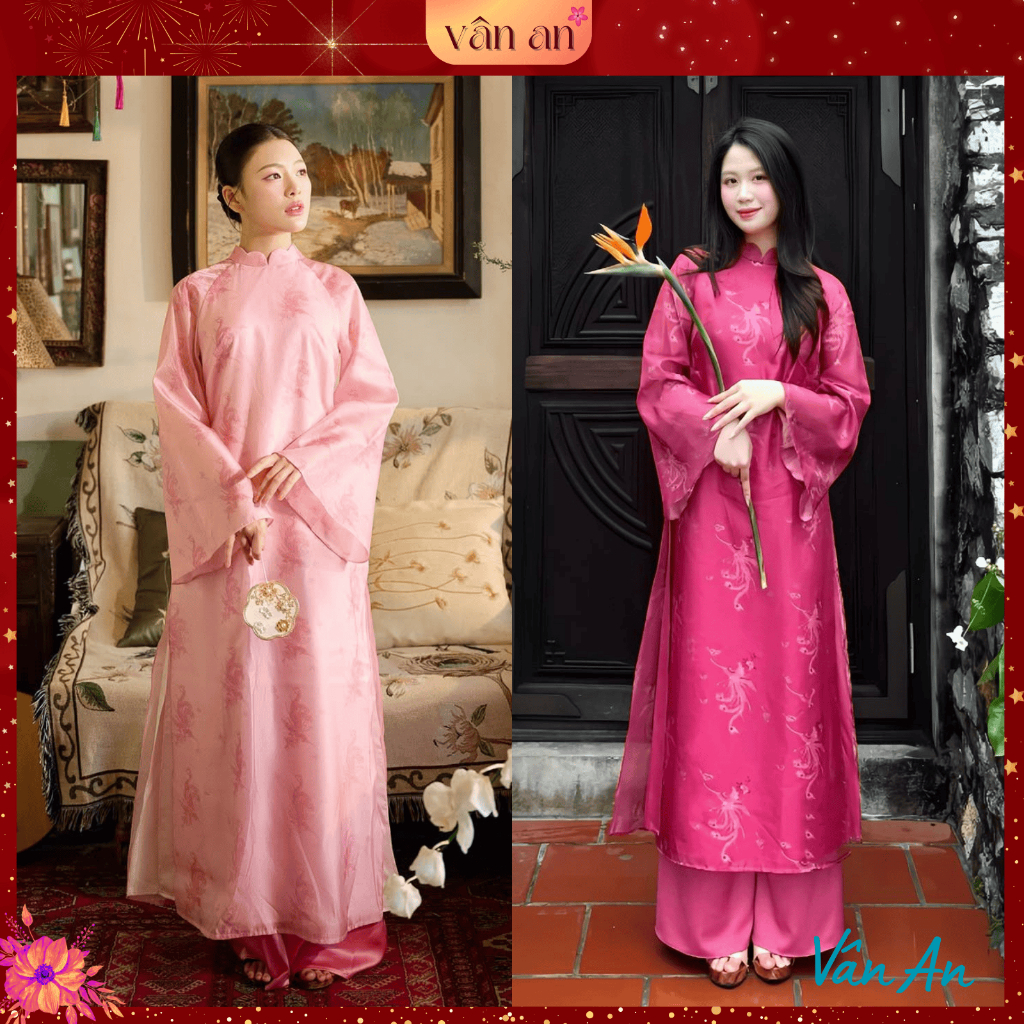 [VAN AN - READY STOCK] HUYEN CHI Ao Dai - ทรงตรงแขนยาว - วัสดุผ้าไหมพิมพ์ลายนกหรูหราและมีเสน่ห์