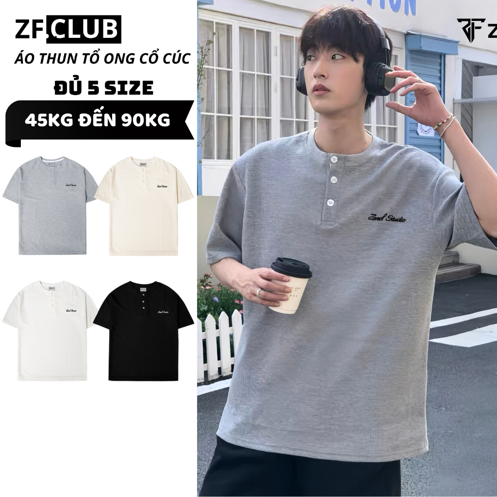 ZONF CLUB ผู้ชายและผู้หญิงรังผึ้งเสื้อยืดปุ่มคอปกแขนสั้นผ้าฝ้ายวาฟเฟิลปกติรูปแบบ Cool ATC